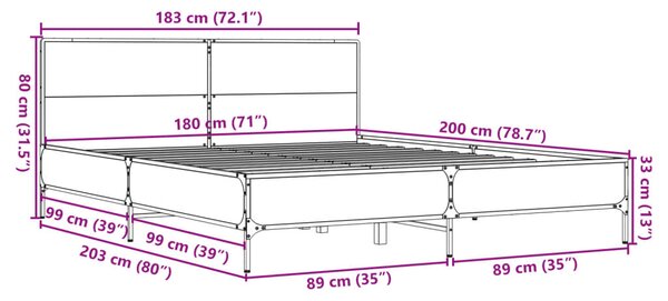 Okvir kreveta boja hrasta 180x20 cm konstruirano drvo i metal - Smeđa / 180 x 200 cm