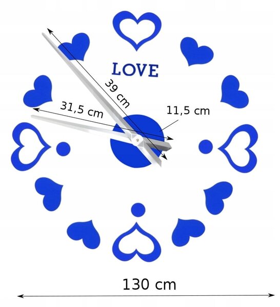 3D moderni zidni sat 130 cm plava srca