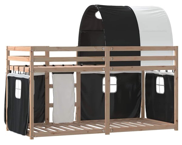 Krevet na kat sa zavjesama bijelo-crni 90 x 190 cm od borovine - Crna / 90 x 190 cm