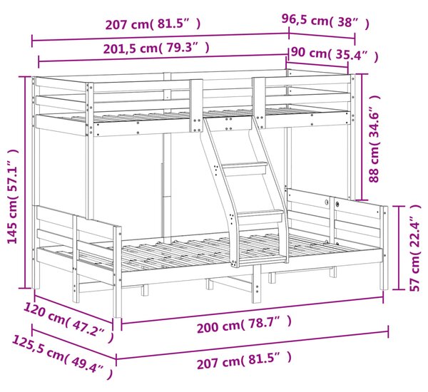 Krevet na kat 90x200/120x200 cm masivna borovina voštano smeđi - Smeđa / N/A