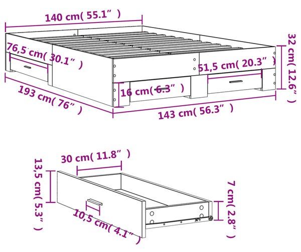 Okvir kreveta s ladicama boja hrasta 140x190 cm - Smeđa / 140 x 190 cm