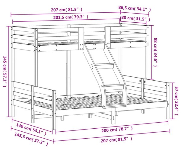 Krevet na kat 80x200/140x200 cm masivna borovina bijela - Bijela / N/A