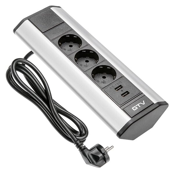Kutna utičnica 3xšuko 2xUSB s kabelom siva