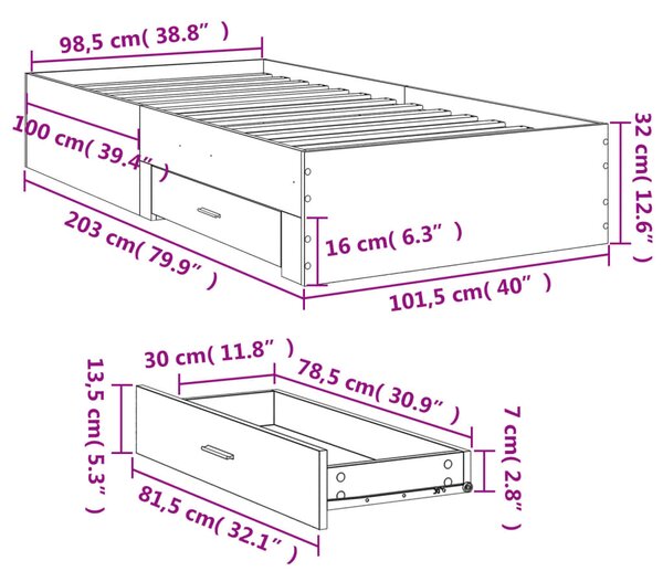 Okvir kreveta s ladicama boja hrasta 100x200 cm - Smeđa / 100 x 200 cm