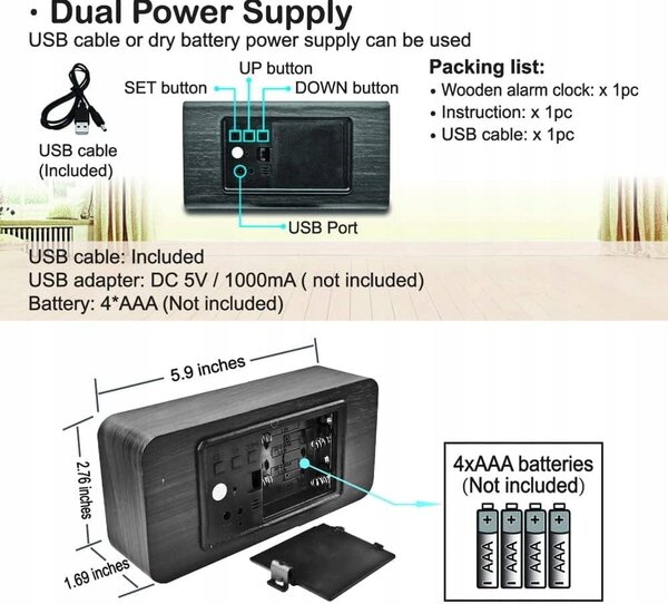 4V1 Drveni moderni elektronički budilica i termometar od 15 cm
