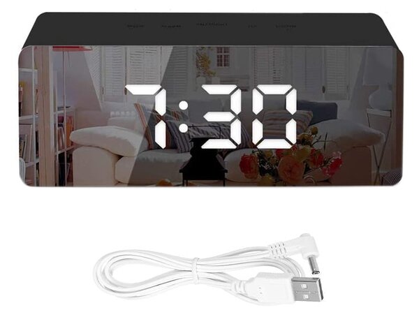 4V1 USB elektronički budilica s termometrom i zrcalom crnim