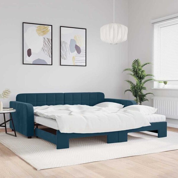 Dnevni krevet na razvlačenje i madraci plavi 100x200 cm baršun - Plava / 100 x 200 cm