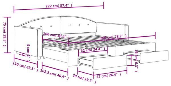 Dnevni krevet na razvlačenje s ladicama crni 100x200 cm baršun - Crna / 100 x 200 cm