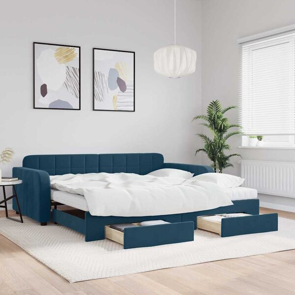 Dnevni krevet na razvlačenje s ladicama plavi 100x200 cm baršun - Plava / 100 x 200 cm