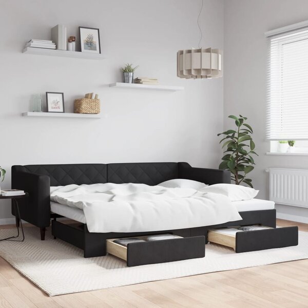 Dnevni krevet na razvlačenje s ladicama crni 90x200 cm tkanina - Crna / 90 x 200 cm