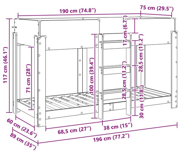 Krevet na kat za djecu Umjetnički hrast 75 x 190 cm - Smeđa / 75 x 190 cm