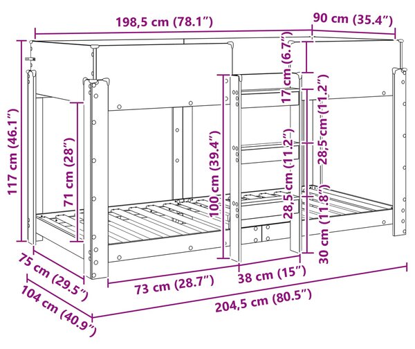 Krevet na kat za djecu Betonski sivi 90 x 200 cm - Siva / 90 x 200 cm