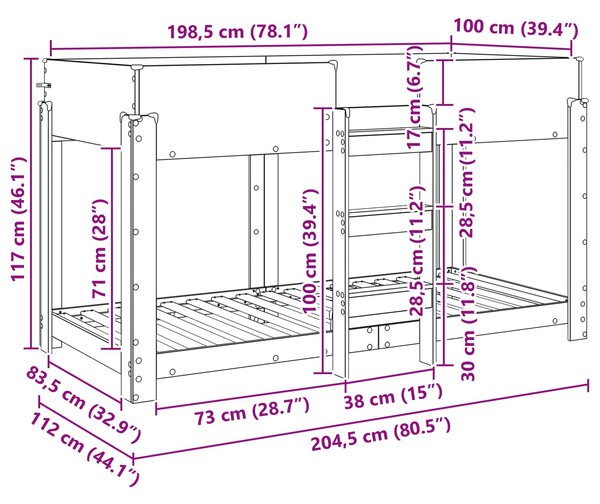 Krevet na kat za djecu Crni hrast 100 x 200 cm - Crna / 100 x 200 cm