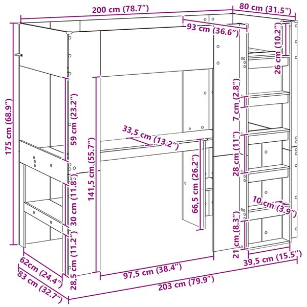 Okvir kreveta na kat s stolom s pohranom Crni hrast 80 x 200 cm - Crna / 80 x 200 cm