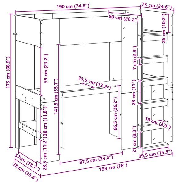 Okvir kreveta na kat s stolom Sonoma hrast 75 x 190 cm - Smeđa / 75 x 190 cm