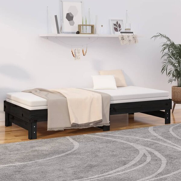 Dnevni ležaj na izvlačenje crni 2x(90x200) cm masivna borovina - Crna / 2x (90 x 200) cm