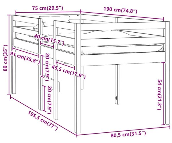 Visoki krevet bijeli 75 x 190 cm od masivne borovine - Bijela / 75 x 190 cm