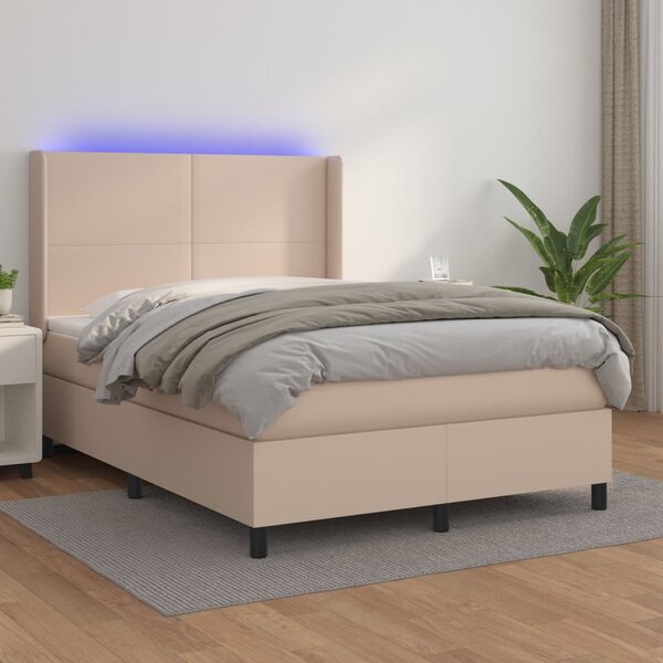 Krevet box spring madrac LED cappuccino 140x200cm umjetna koža - Smeđa / 140 x 200 cm