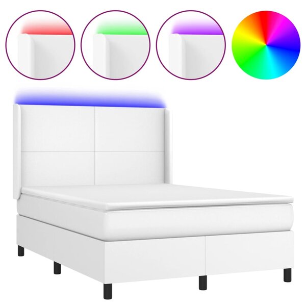 Krevet box spring s madracem LED bijeli 140x200 cm umjetna koža - Bijela / 140 x 200 cm