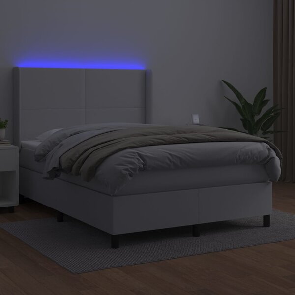 Krevet box spring s madracem LED bijeli 140x200 cm umjetna koža - Bijela / 140 x 200 cm