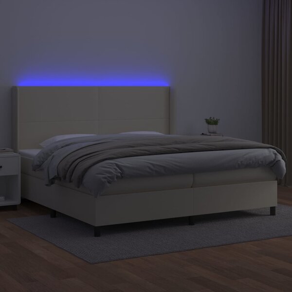 Krevet box spring s madracem LED krem 200x200cm od umjetne kože - Krema / 200 x 200 cm