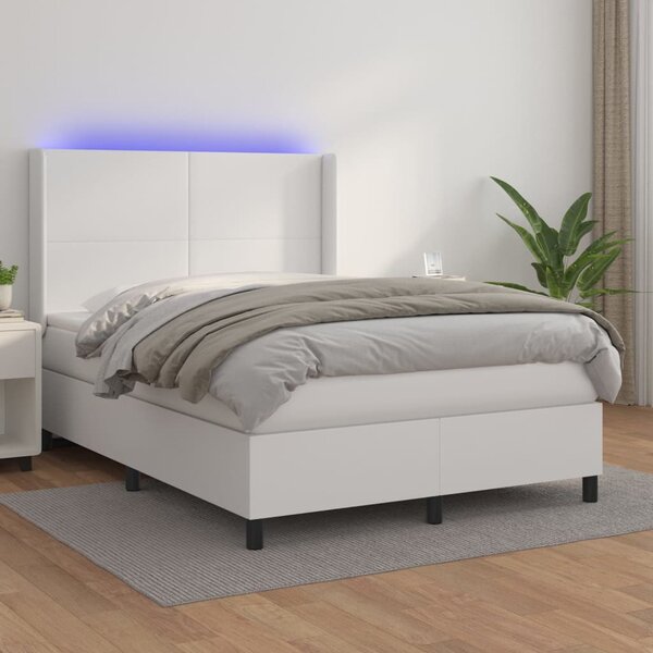 Krevet box spring s madracem LED bijeli 140x200 cm umjetna koža - Bijela / 140 x 200 cm