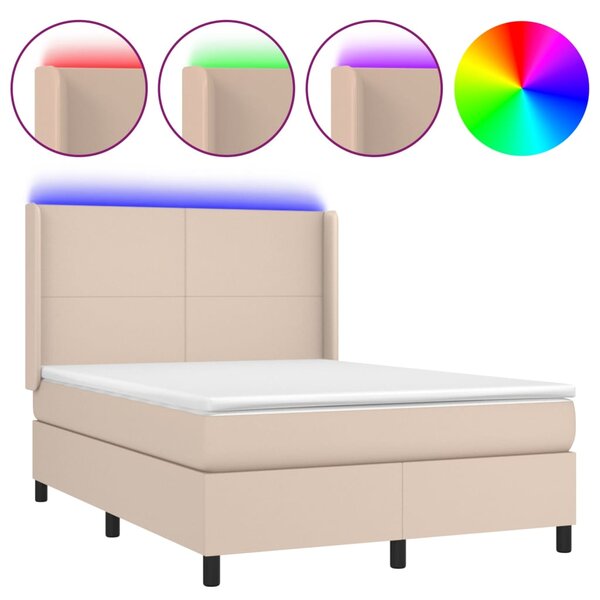Krevet box spring madrac LED cappuccino 140x200cm umjetna koža - Smeđa / 140 x 200 cm