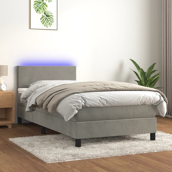 Krevet box spring s madracem LED svjetlosivi 90x190 cm baršun - Siva / 90 x 190 cm