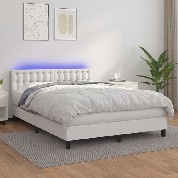 Krevet box spring s madracem LED bijeli 140x190 cm umjetna koža - Bijela / 140 x 190 cm