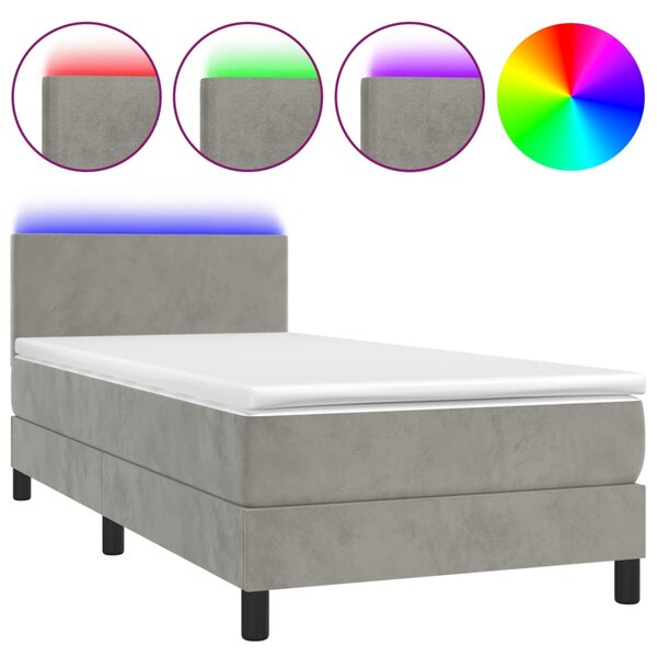 Krevet box spring s madracem LED svjetlosivi 90x190 cm baršun - Siva / 90 x 190 cm