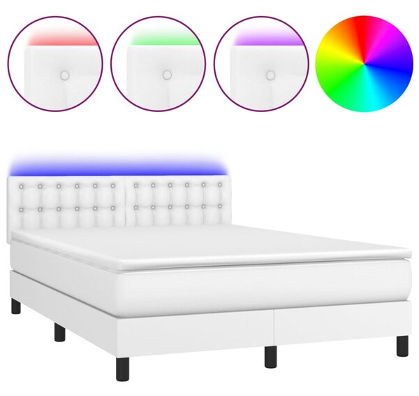 Krevet box spring s madracem LED bijeli 140x190 cm umjetna koža - Bijela / 140 x 190 cm