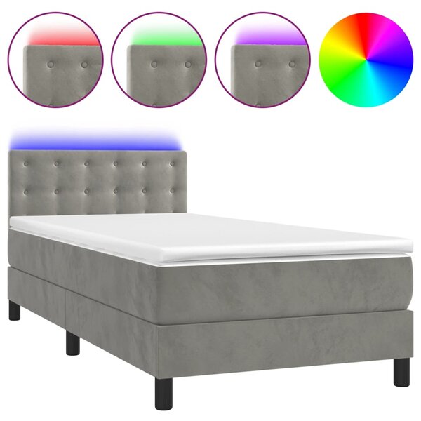 Krevet box spring s madracem LED svjetlosivi 90x190 cm baršun - Siva / 90 x 190 cm