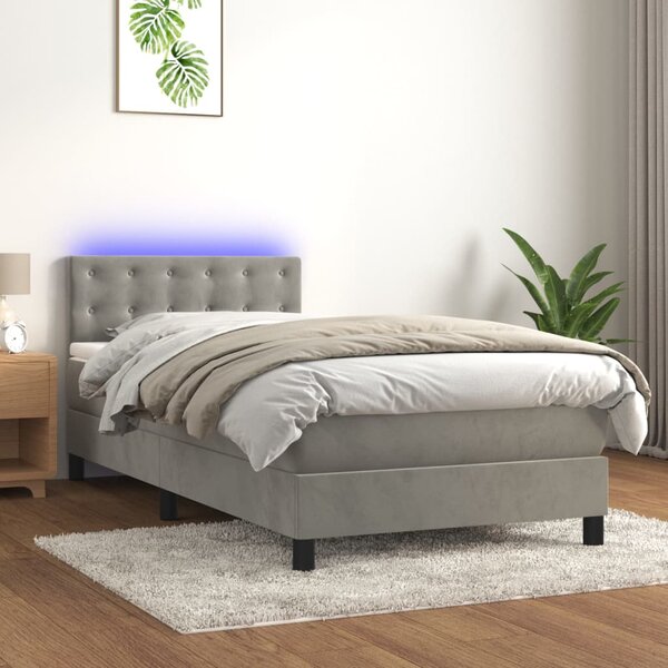 Krevet box spring s madracem LED svjetlosivi 90x190 cm baršun - Siva / 90 x 190 cm