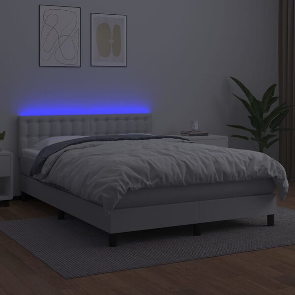 Krevet box spring s madracem LED bijeli 140x190 cm umjetna koža - Bijela / 140 x 190 cm