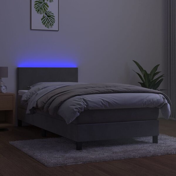 Krevet box spring s madracem LED svjetlosivi 90x190 cm baršun - Siva / 90 x 190 cm