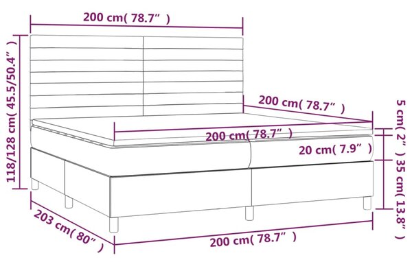 Krevet box spring s madracem LED svjetlosivi 200x200 cm tkanina - Siva / 200 x 200 cm
