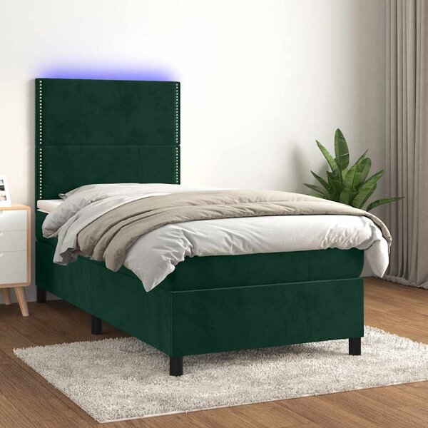 Krevet box spring s madracem LED tamnozeleni 90x200 cm baršun - Zelena / 90 x 200 cm