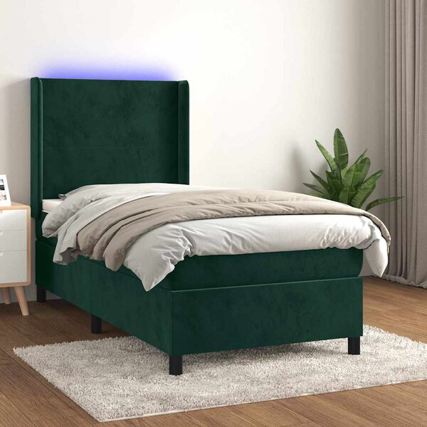 Krevet box spring s madracem LED tamnozeleni 90x200 cm baršun - Zelena / 90 x 200 cm