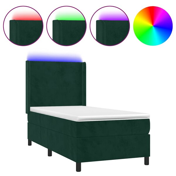 Krevet box spring s madracem LED tamnozeleni 90x200 cm baršun - Zelena / 90 x 200 cm