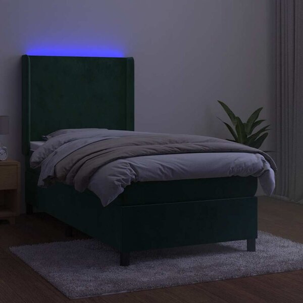 Krevet box spring s madracem LED tamnozeleni 90x200 cm baršun - Zelena / 90 x 200 cm