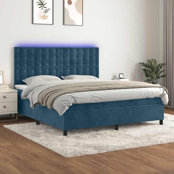 Krevet box spring s madracem LED tamnoplavi 160x200 cm baršun - Plava / 160 x 200 cm
