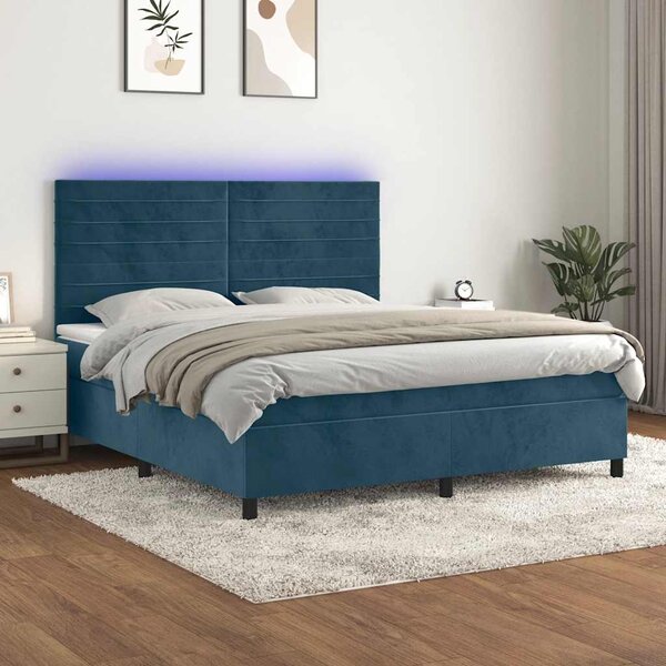 Krevet box spring s madracem LED tamnoplavi 160x200 cm baršun - Plava / 160 x 200 cm