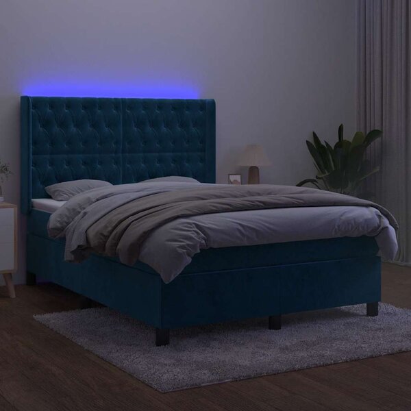 Krevet box spring s madracem LED tamnoplavi 140x190 cm baršun - Plava / 140 x 190 cm
