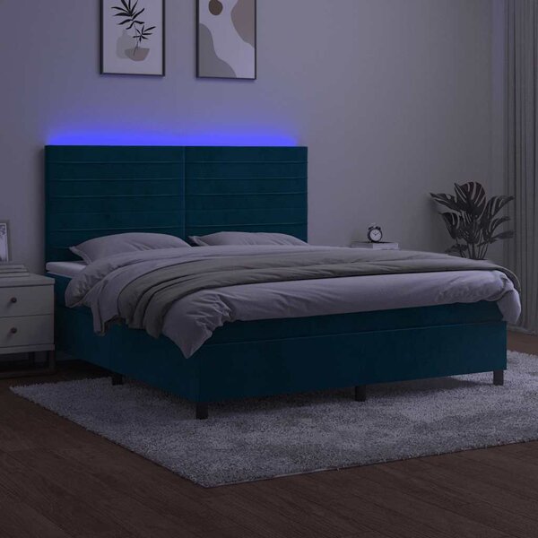 Krevet box spring s madracem LED tamnoplavi 160x200 cm baršun - Plava / 160 x 200 cm