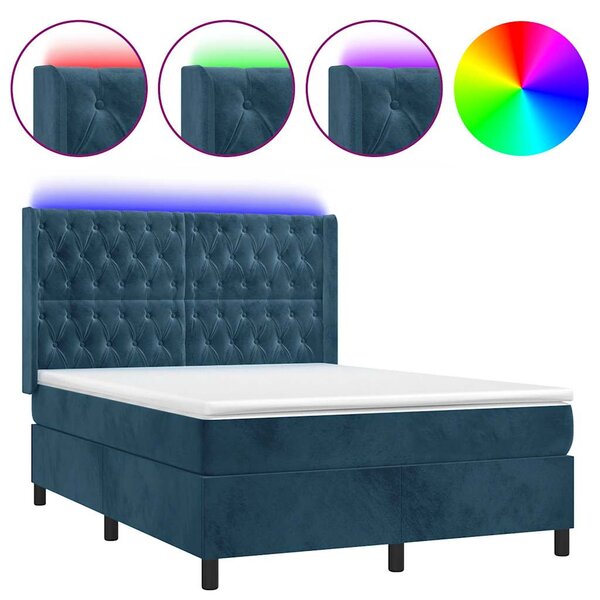 Krevet box spring s madracem LED tamnoplavi 140x190 cm baršun - Plava / 140 x 190 cm