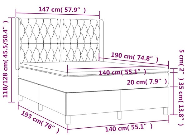 Krevet box spring s madracem LED tamnoplavi 140x190 cm baršun - Plava / 140 x 190 cm