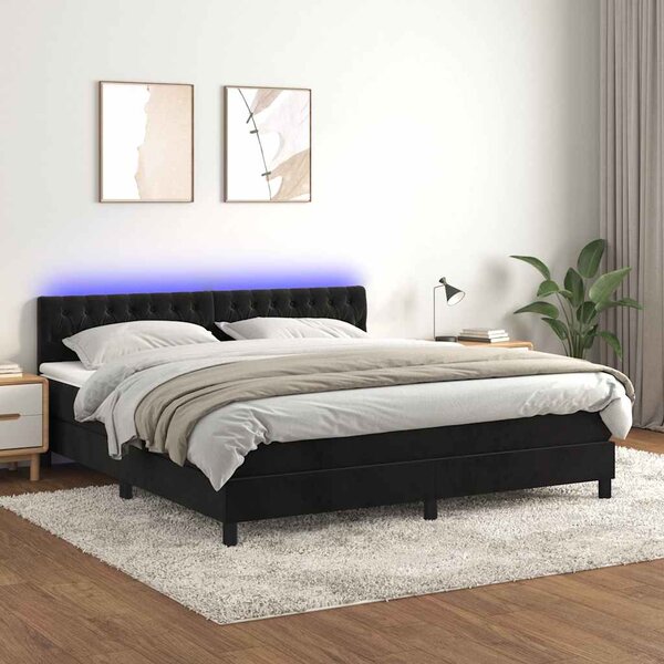 Krevet box spring s madracem LED crni 160x200 cm baršun - Crna / 160 x 200 cm