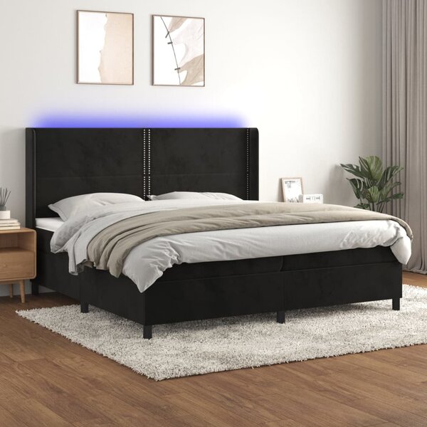 Krevet box spring s madracem LED crni 200x200 cm baršun - Crna / 200 x 200 cm