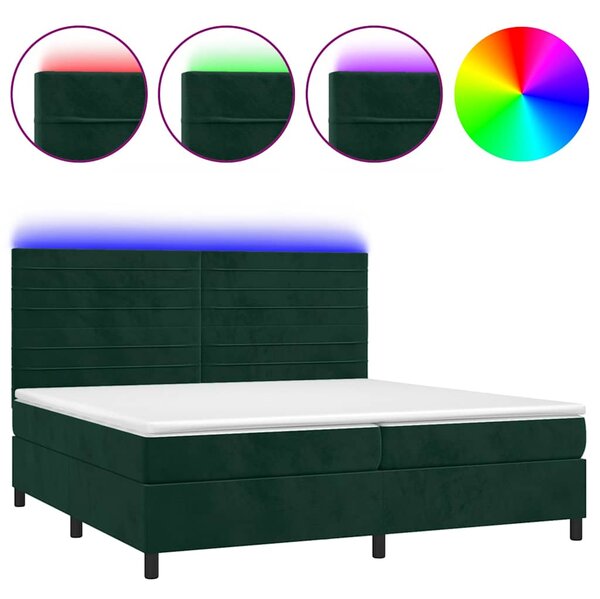 Krevet box spring s madracem LED tamnozeleni 200x200 cm baršun - Zelena / 200 x 200 cm