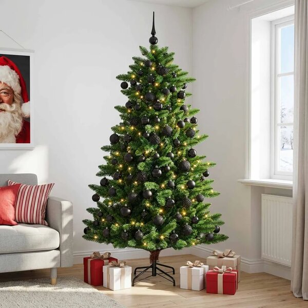 Umjetno božićno drvce s kuglicama 180 cm 300 LED lampica - 180 cm s LED-ima i crnim lopticama
